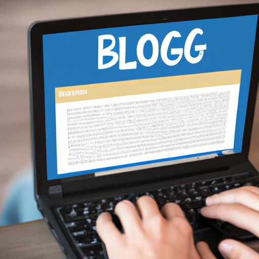 Hombre escribiendo en una laptop con un sitio web de blog en la pantalla