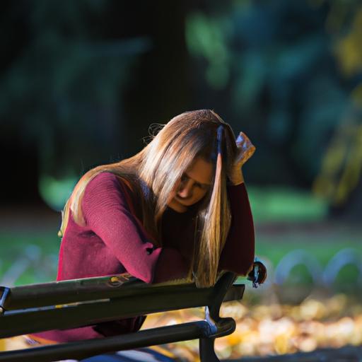 Mujer triste sentada sola en un banco del parque
